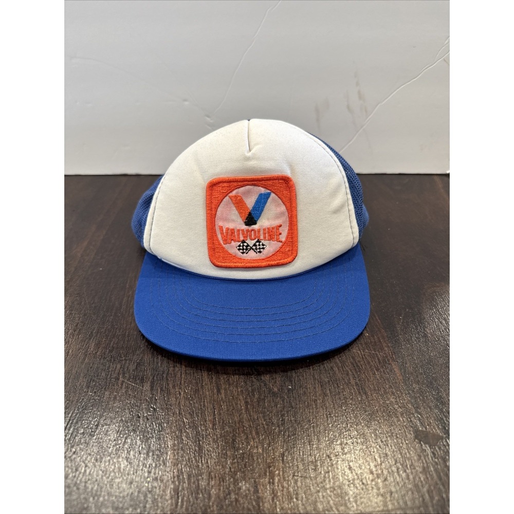 Vintage 80s Valvoline Sewn Patch RARE Blue Mesh Snapback Trucker Flatbill Hat